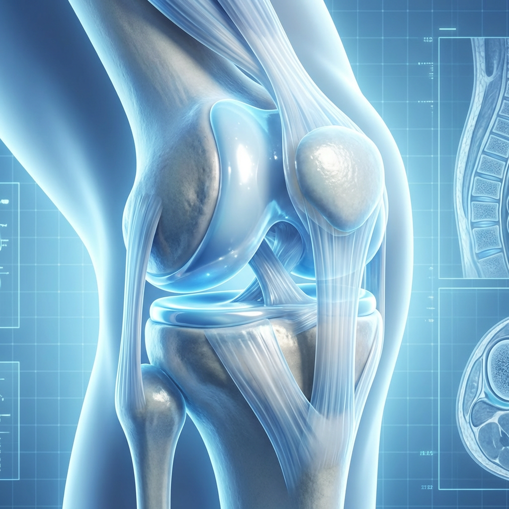  Illustration médicale 3D d'une articulation du genou montrant un cartilage sain et protecteur, style scientifique propre, éclairage bleu et blanc